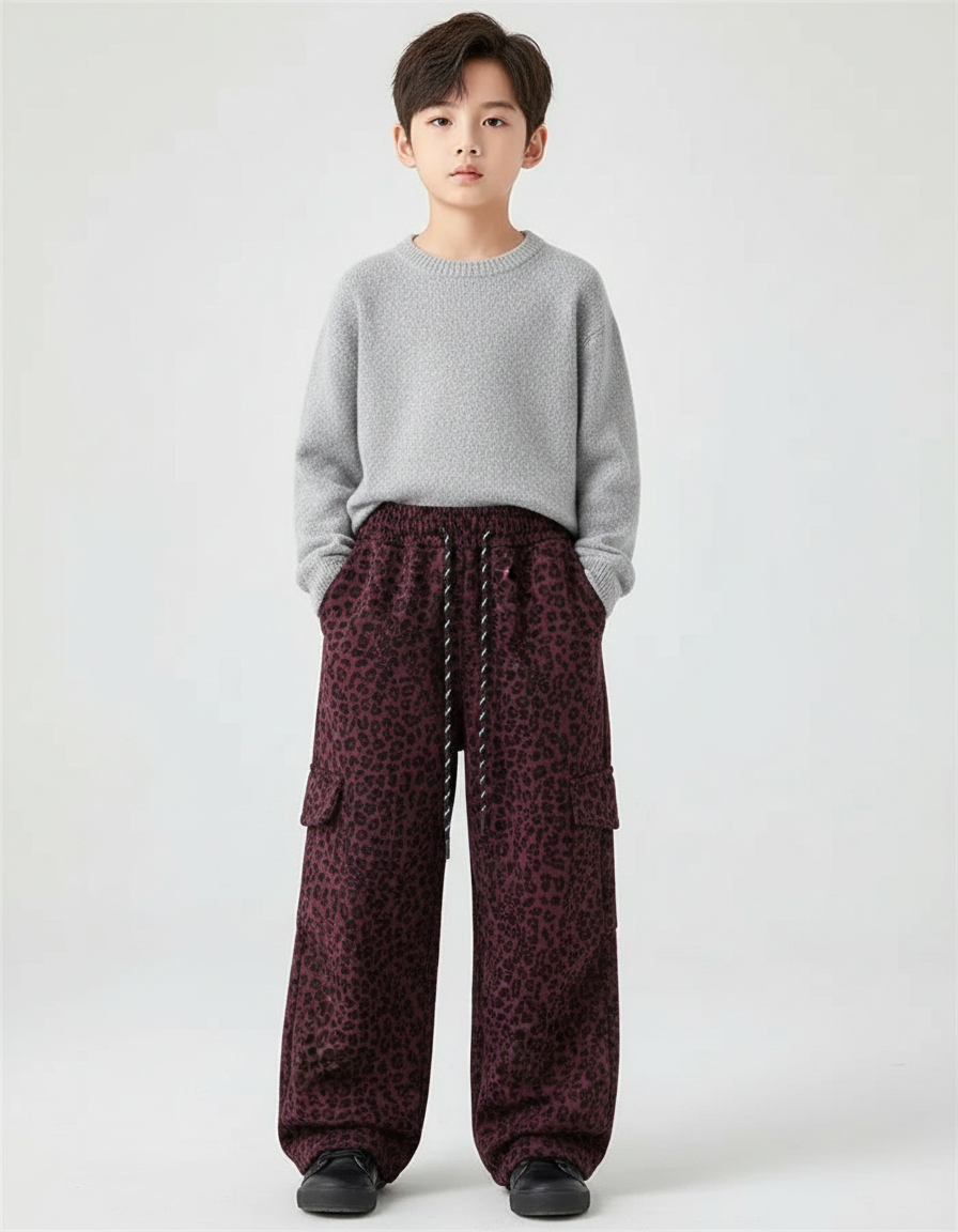 Pantalon Léopard Cargo Ample Bordeaux Enfant - Molleton