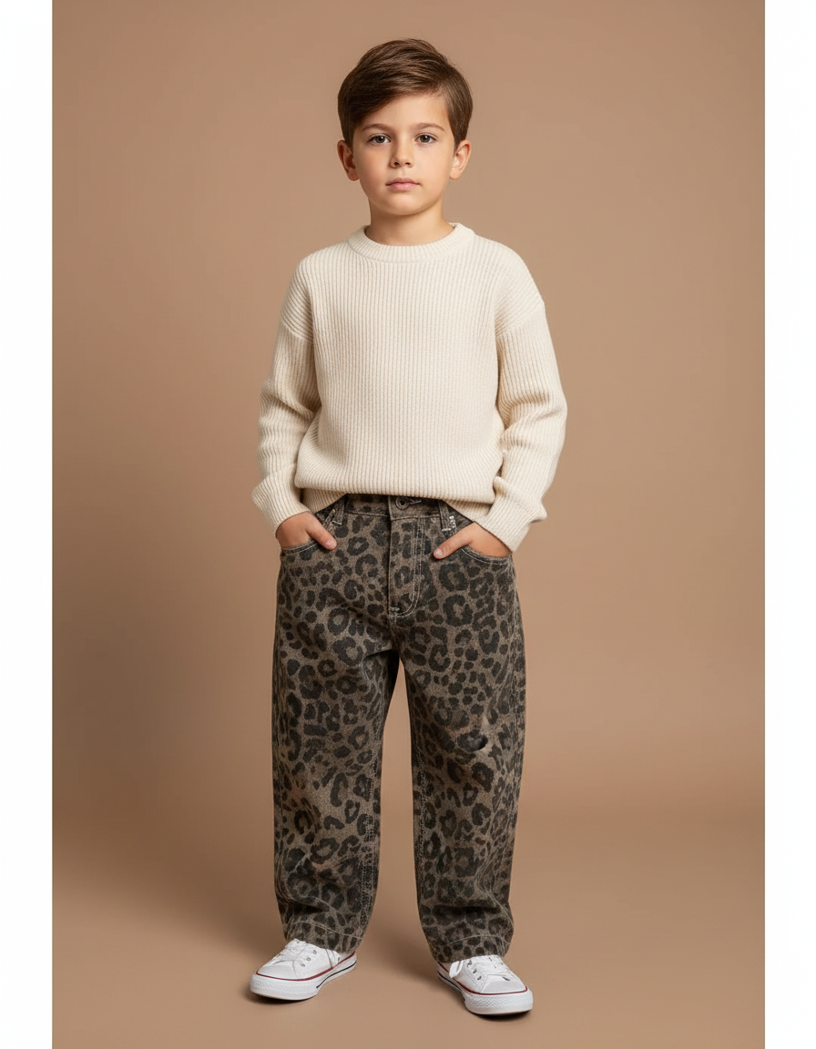 Pantalon Léopard Marron Ample Imprimé Enfant Décontracté - Jean