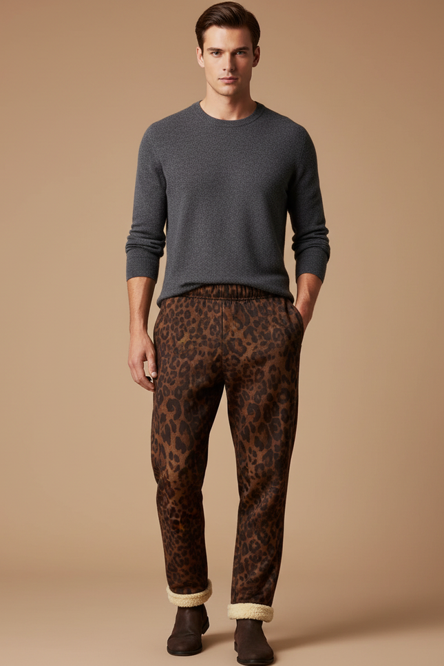 Pantalon Léopard Marron Imprimé Molleton Homme