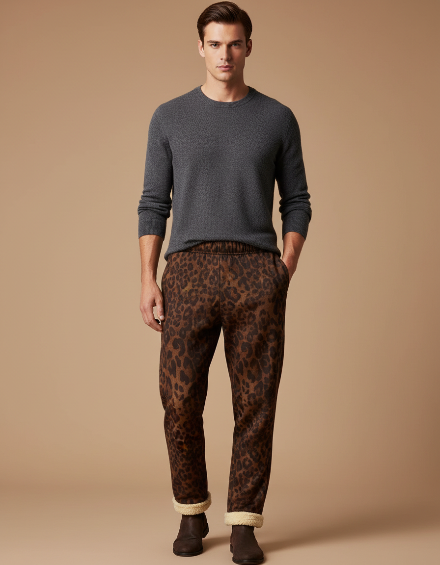 Pantalon Léopard Marron Imprimé Molleton Homme