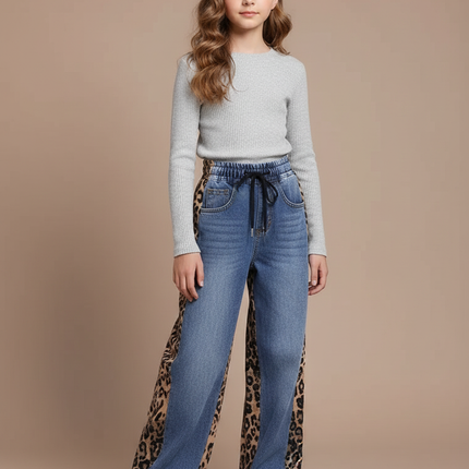 Pantalon Léopard Jean Ample Patchwork Décontracté Fille - Imprimé