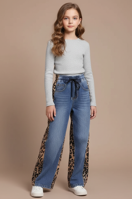 Pantalon Léopard Jean Ample Patchwork Décontracté Fille - Imprimé