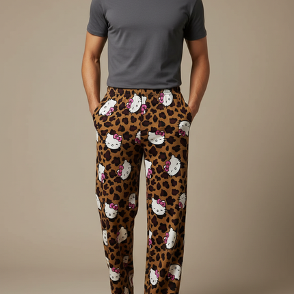 Pantalon Léopard Marron Imprimé Hello Kitty Doux Ample Homme - Molleton
