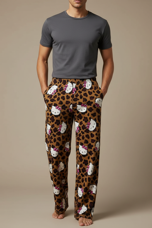 Pantalon Léopard Marron Imprimé Hello Kitty Doux Ample Homme - Molleton