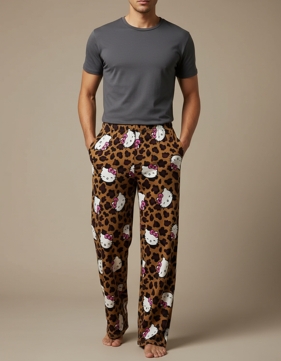 Pantalon Léopard Marron Imprimé Hello Kitty Doux Ample Homme - Molleton