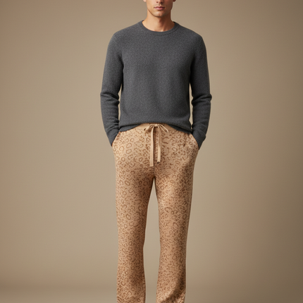 Pantalon Léopard Homme Beige Tricoté Ample Décontracté - Maille