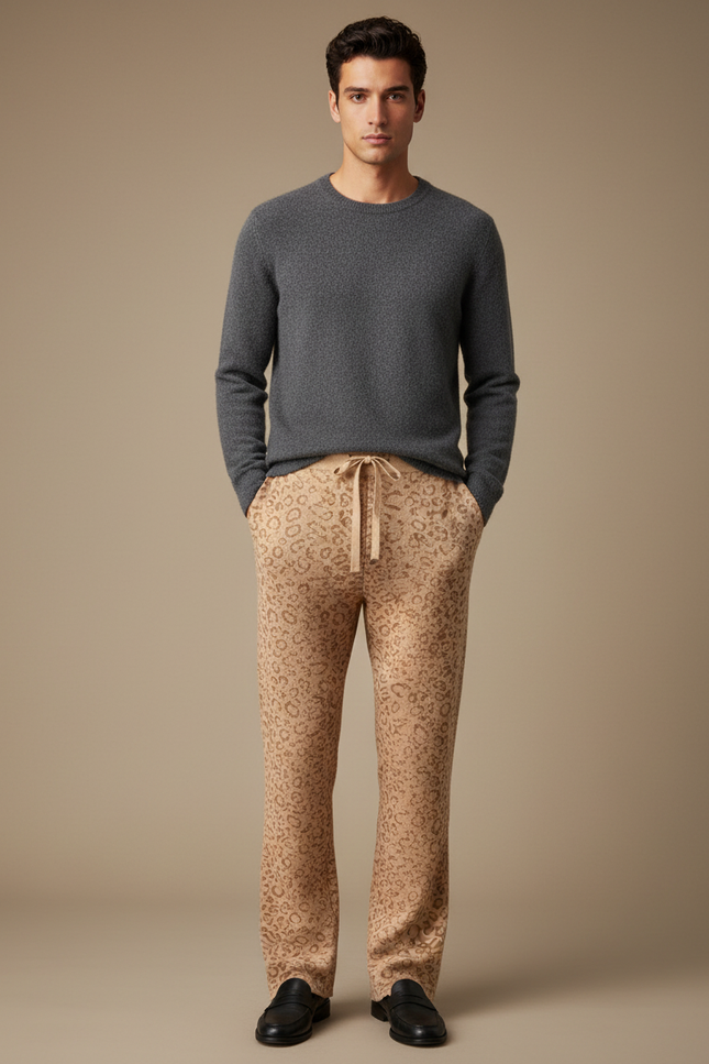 Pantalon Léopard Homme Beige Tricoté Ample Décontracté - Maille