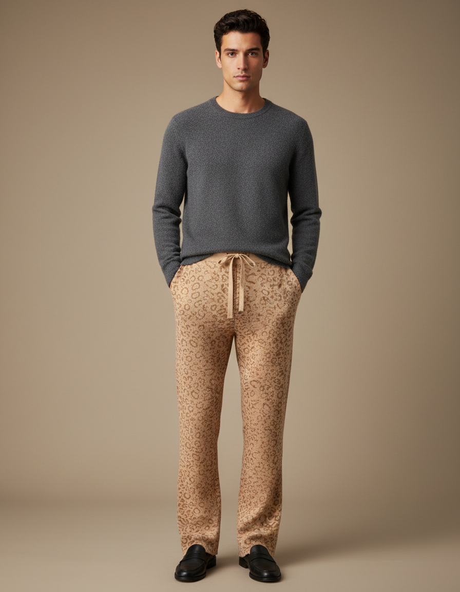 Pantalon Léopard Homme Beige Tricoté Ample Décontracté - Maille