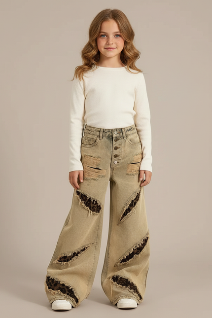 Pantalon Léopard Ample Beige Délavé Déchiré Fille - Jean