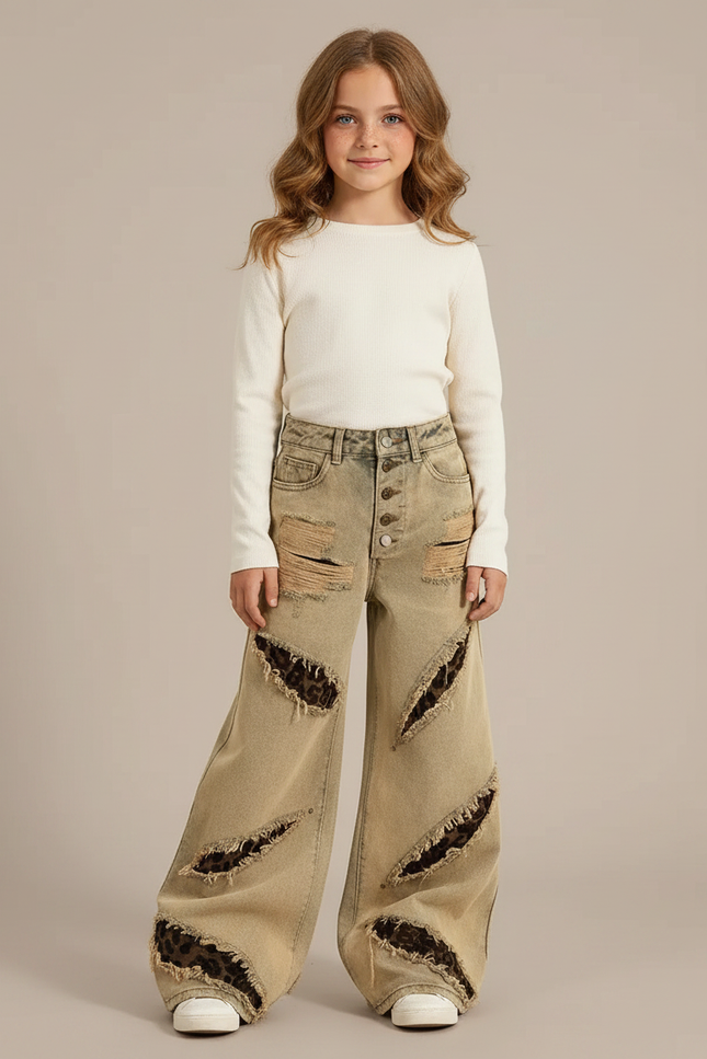 Pantalon Léopard Ample Beige Délavé Déchiré Fille - Jean