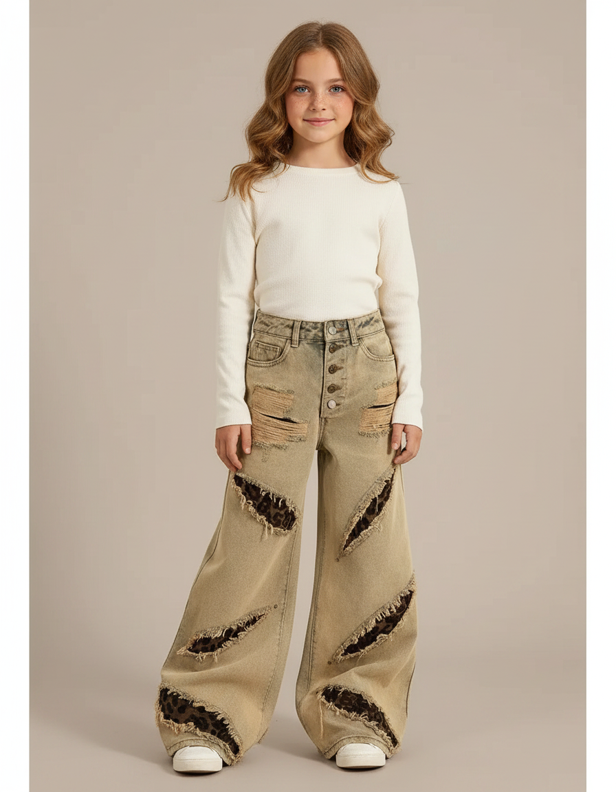 Pantalon Léopard Ample Beige Délavé Déchiré Fille - Jean