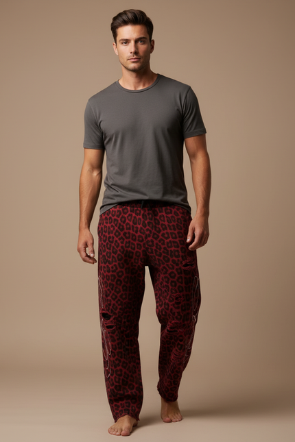 Pantalon Léopard Rouge Ample Imprimé Homme Détruit - Molleton