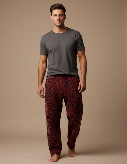 Pantalon Léopard Rouge Ample Imprimé Homme Détruit - Molleton