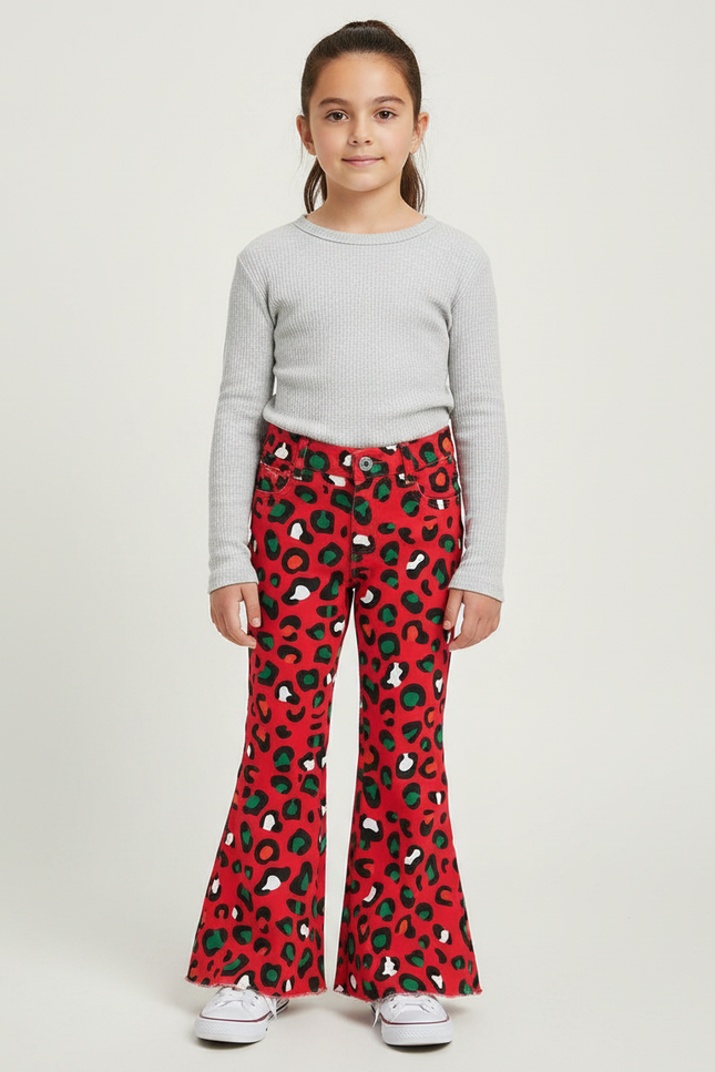 Pantalon Léopard Rouge Évasé Imprimé Fille Tendance - Gabardine