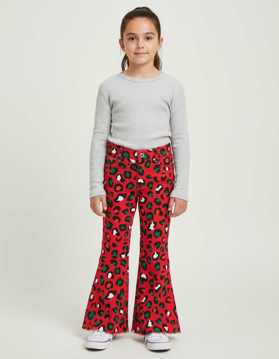 Pantalon Léopard Rouge Évasé Imprimé Fille Tendance - Gabardine
