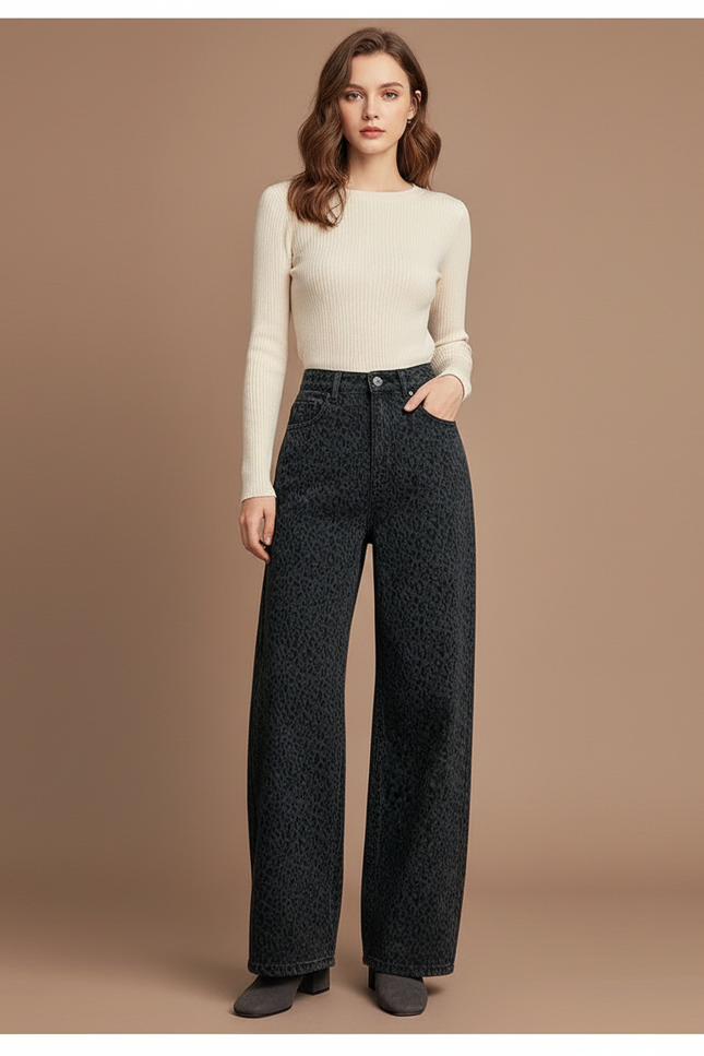 Pantalon Léopard Gris Ample Imprimé Streetwear Femme - Jean