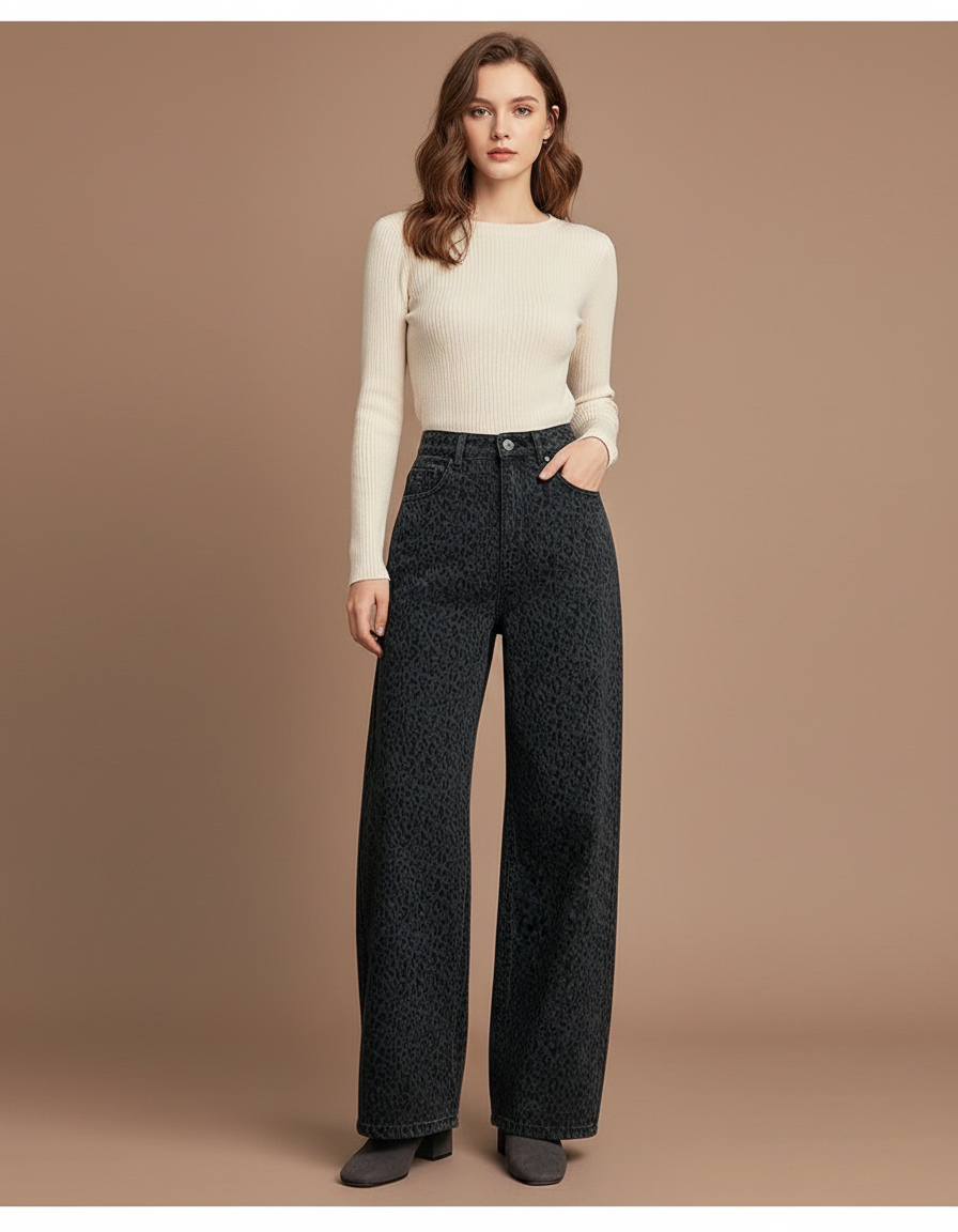 Pantalon Léopard Gris Ample Imprimé Streetwear Femme - Jean
