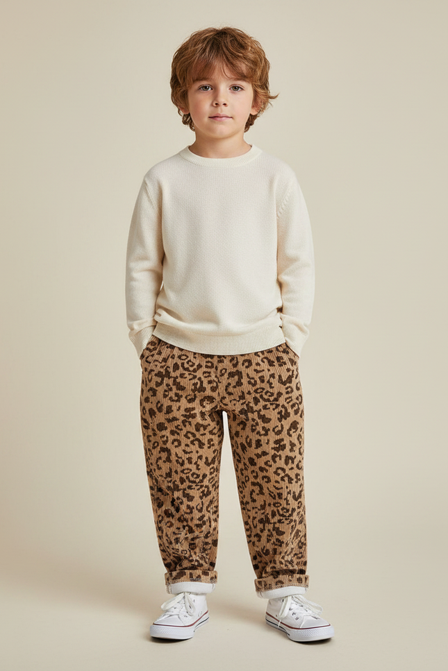 Pantalon Léopard Côtelé Marron Ample Enfant - Cordé