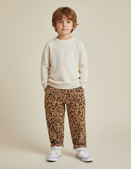 Pantalon Léopard Côtelé Marron Ample Enfant - Cordé