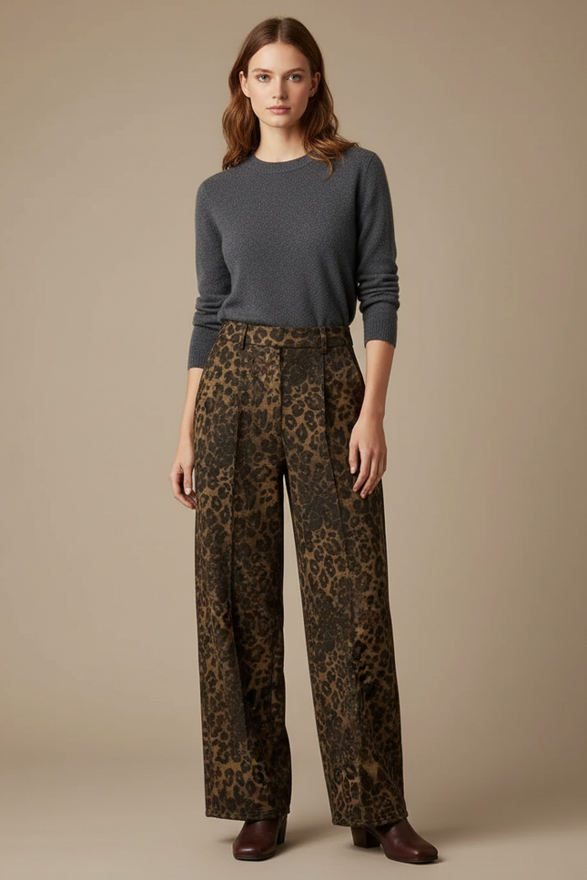 Pantalon Léopard Marron Ample Taille Haute Fluide - Imprimé Laine