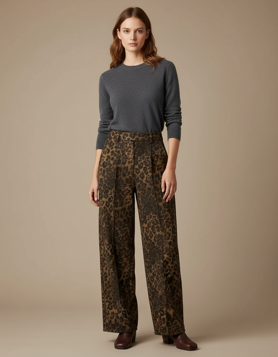 Pantalon Léopard Marron Ample Taille Haute Fluide - Imprimé Laine