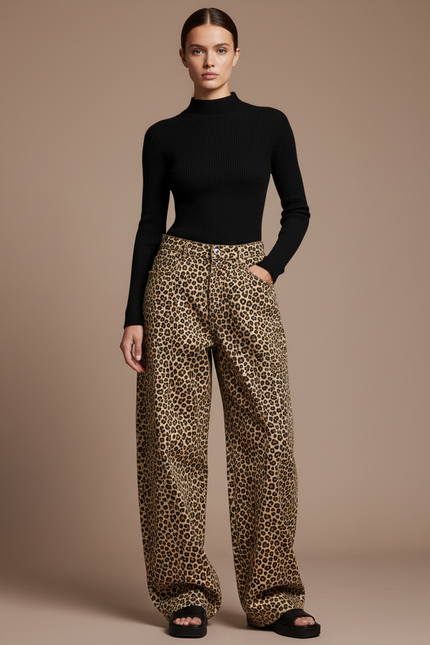 Pantalon Léopard Ample Imprimé Denim Taille Haute - Jean
