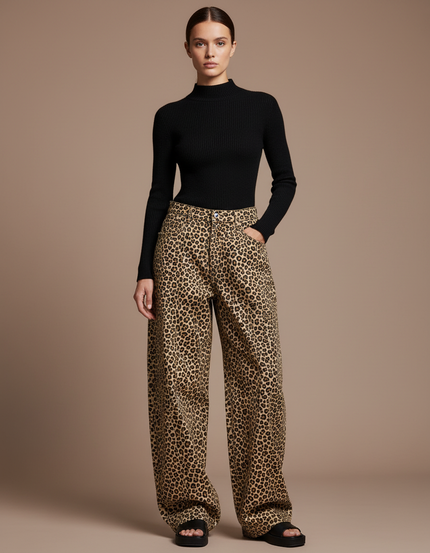 Pantalon Léopard Ample Imprimé Denim Taille Haute - Jean