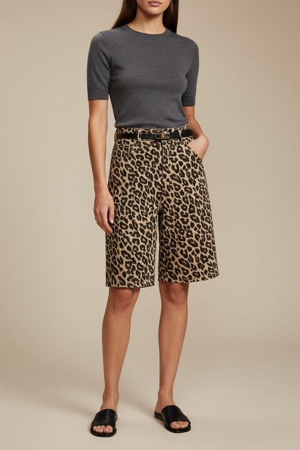 Pantalon Léopard Coton Ample Mi-long Décontracté Ceinturé - Imprimé