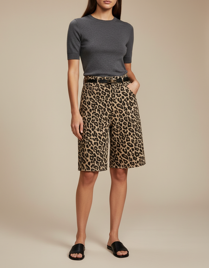 Pantalon Léopard Coton Ample Mi-long Décontracté Ceinturé - Imprimé