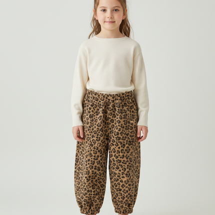 Pantalon Léopard Enfant Velours Côtelé Marron Ample - Imprimé Cordé