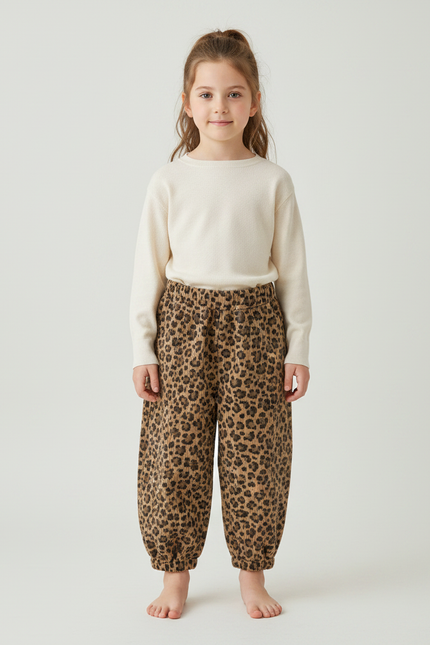 Pantalon Léopard Enfant Velours Côtelé Marron Ample - Imprimé Cordé
