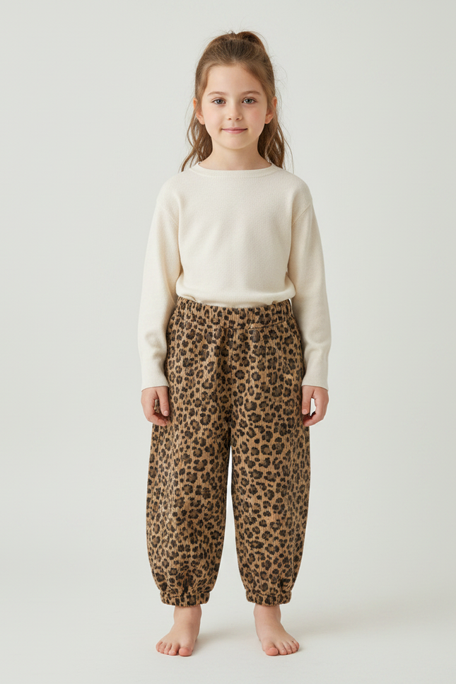 Pantalon Léopard Enfant Velours Côtelé Marron Ample - Imprimé Cordé