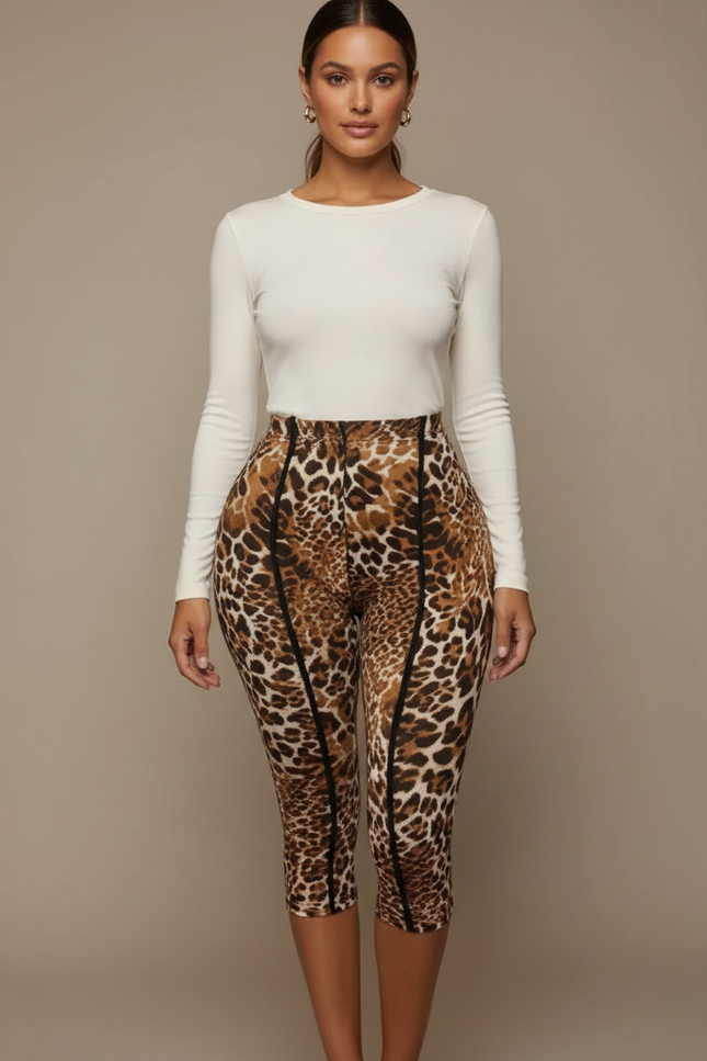 Pantalon Léopard Marron Moulant Élastique Imprimé Y2K - Polyester