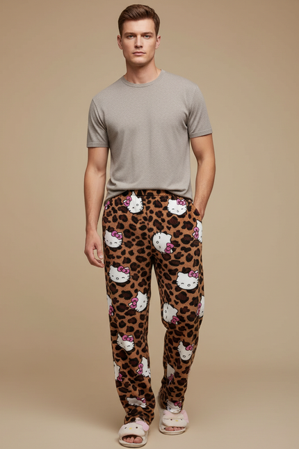 Pantalon Léopard Marron Hello Kitty Doux Ample Homme - Molleton