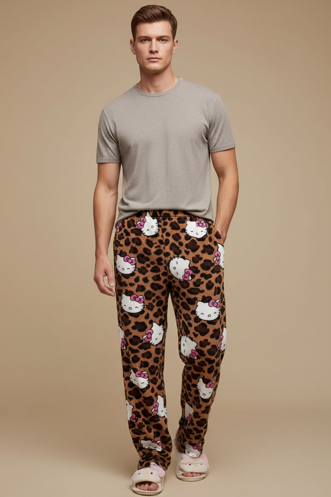 Pantalon Léopard Marron Hello Kitty Doux Ample Homme - Molleton
