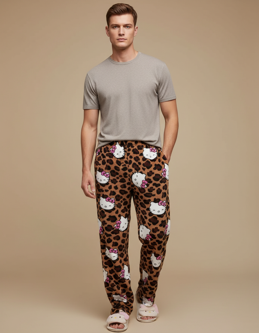 Pantalon Léopard Marron Hello Kitty Doux Ample Homme - Molleton