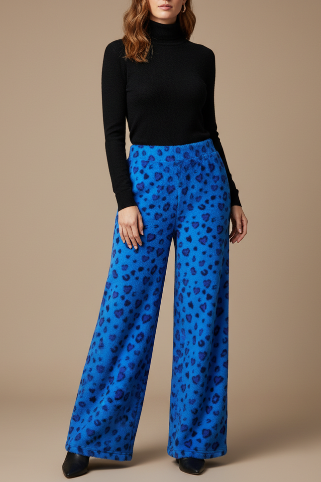Pantalon Léopard Bleu Cœur Polaire Ample Femme - Molleton