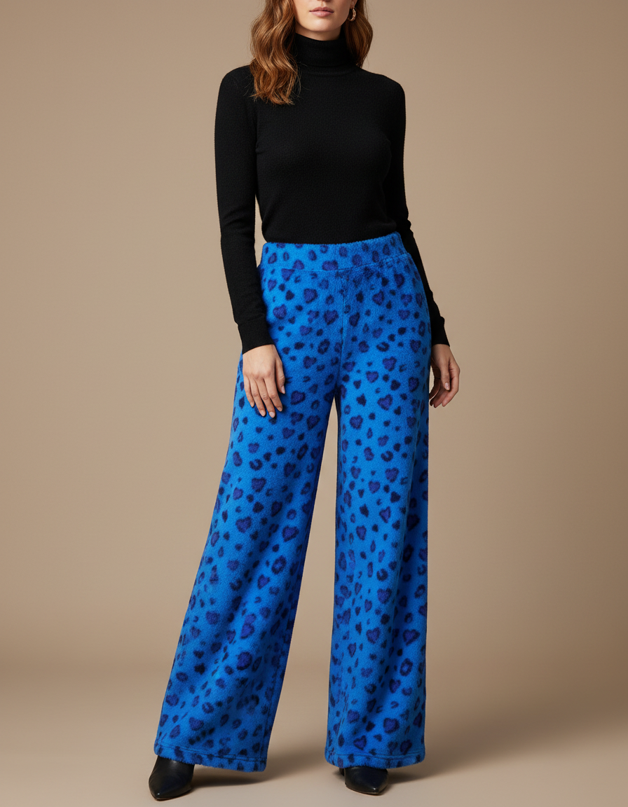 Pantalon Léopard Bleu Cœur Polaire Ample Femme - Molleton
