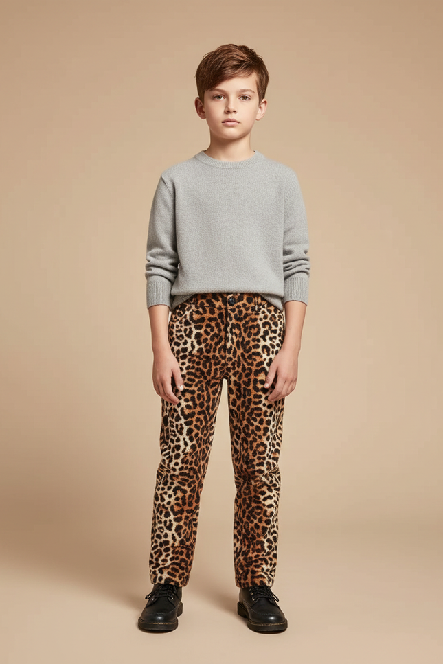 Pantalon Léopard Enfant Marron Imprimé Décontracté - Velours