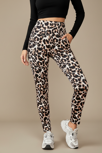 Pantalon Léopard Imprimé Taille Haute Stretch Femme - Polyester