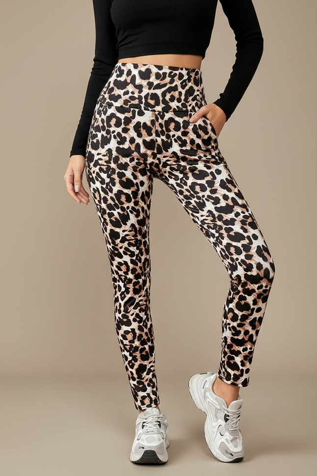 Pantalon Léopard Imprimé Taille Haute Stretch Femme - Polyester
