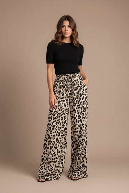 Pantalon Léopard Fluide Imprimé Animal Ample Décontracté - Viscose