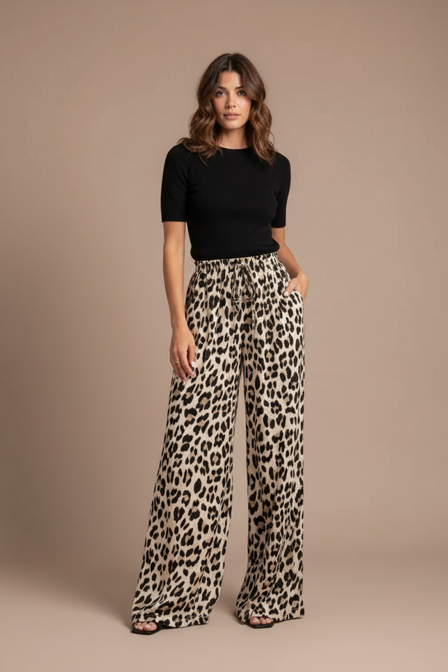Pantalon Léopard Fluide Imprimé Animal Ample Décontracté - Viscose