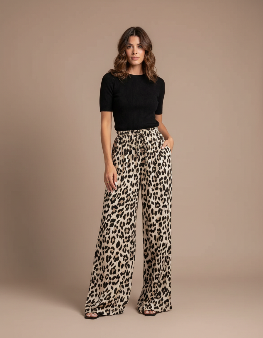 Pantalon Léopard Fluide Imprimé Animal Ample Décontracté - Viscose