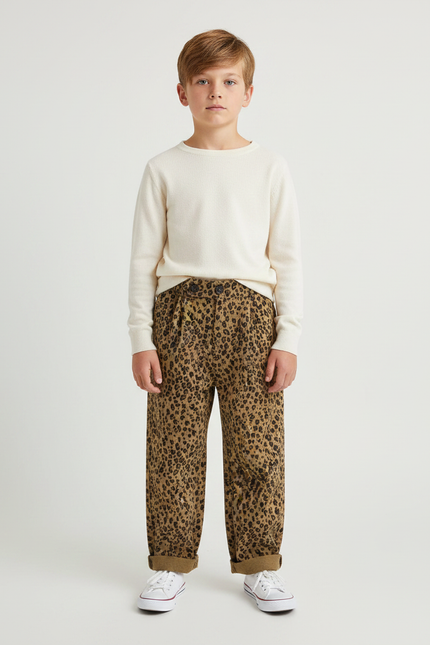 Pantalon Léopard Enfant Corduroy Ample Marron Casual - Cordé