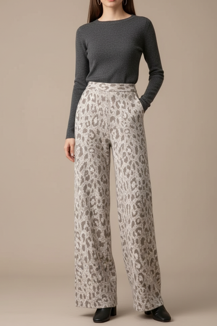 Pantalon Léopard Ample Gris Écru Tricoté Femme - Imprimé Maille