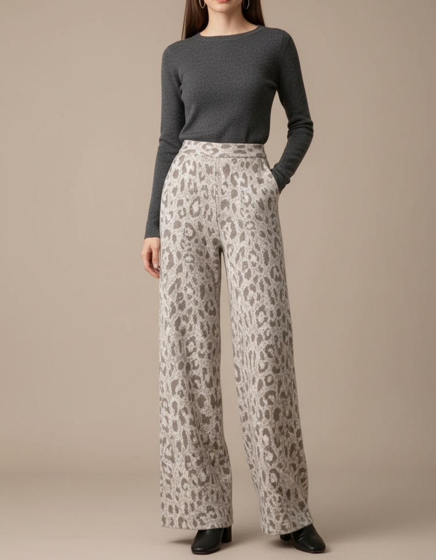 Pantalon Léopard Ample Gris Écru Tricoté Femme - Imprimé Maille