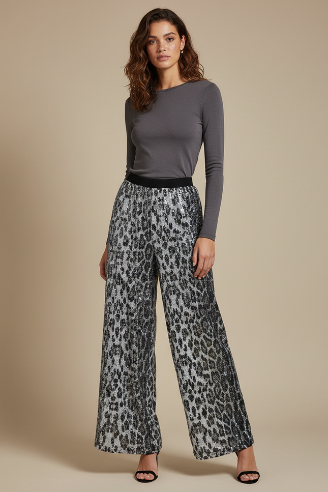 Pantalon Léopard Paillettes Évasé Brillant Femme - Argenté Polyester