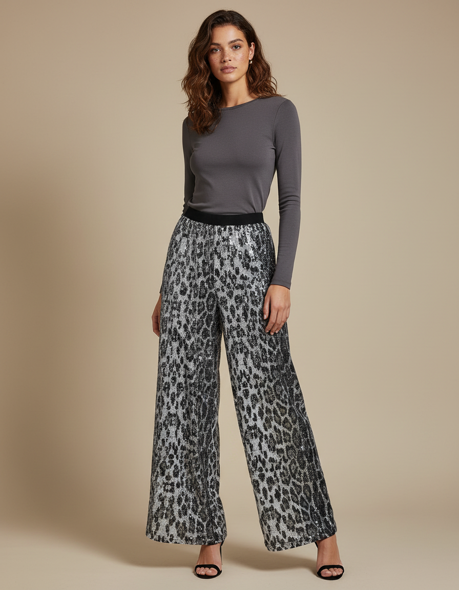 Pantalon Léopard Paillettes Évasé Brillant Femme - Argenté Polyester
