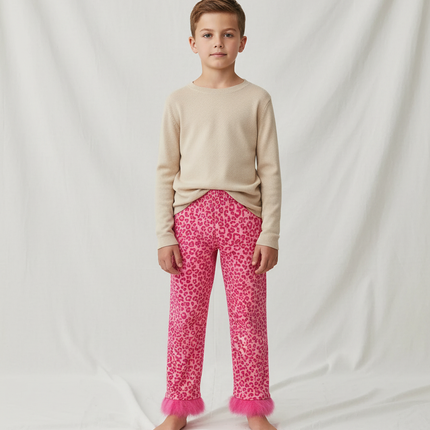 Pantalon Léopard Rose Fourrure Enfant Ample Confortable - Molleton